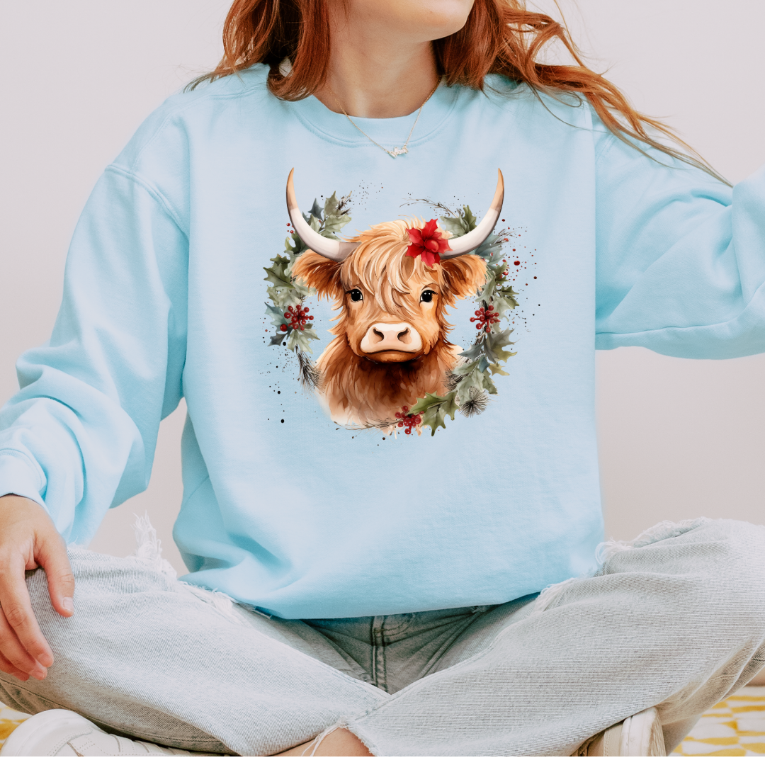 Christmas Cow Wreath Comfort Colors Crewneck Sweatshirt