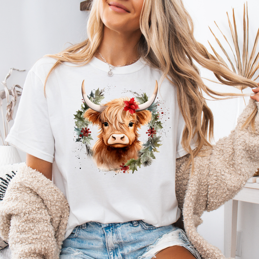 Christmas Cow Wreath Comfort Colors Short or Long Sleeve Tees