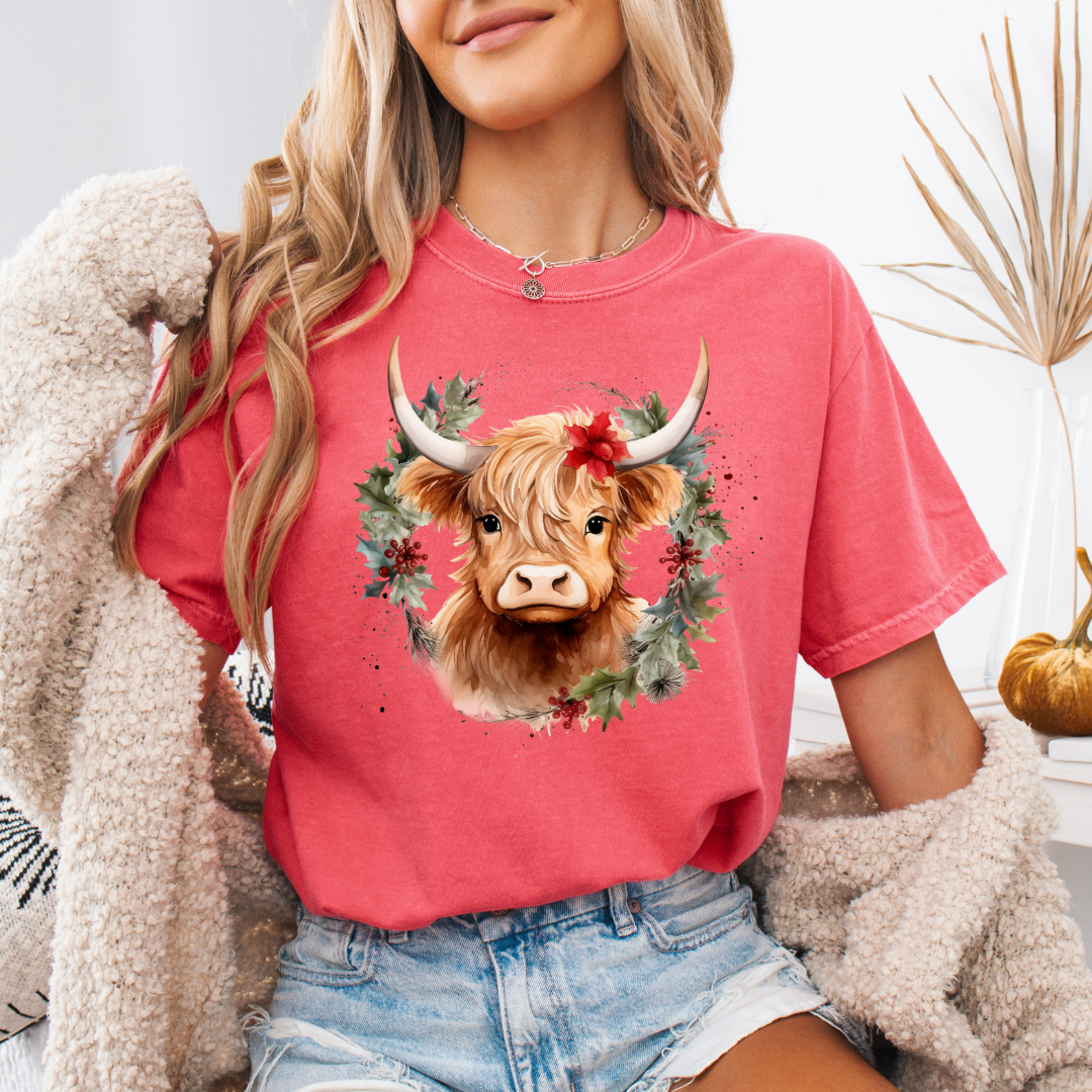 Christmas Cow Wreath Comfort Colors Short or Long Sleeve Tees