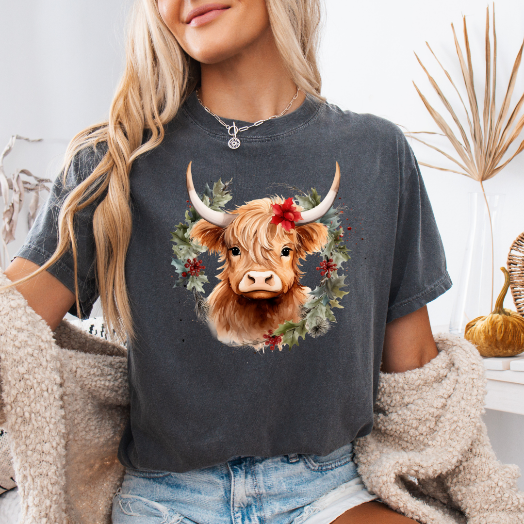 Christmas Cow Wreath Comfort Colors Short or Long Sleeve Tees