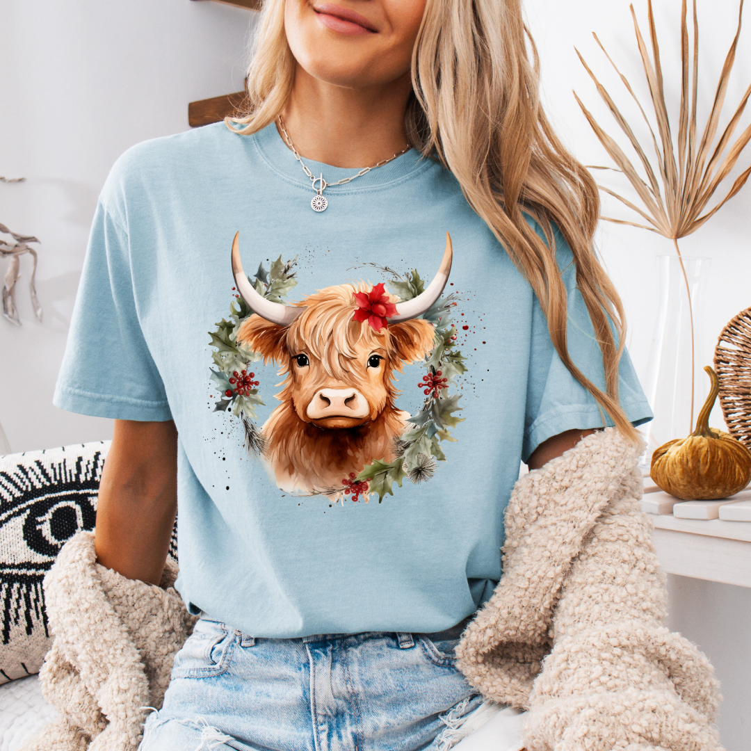 Christmas Cow Wreath Comfort Colors Short or Long Sleeve Tees