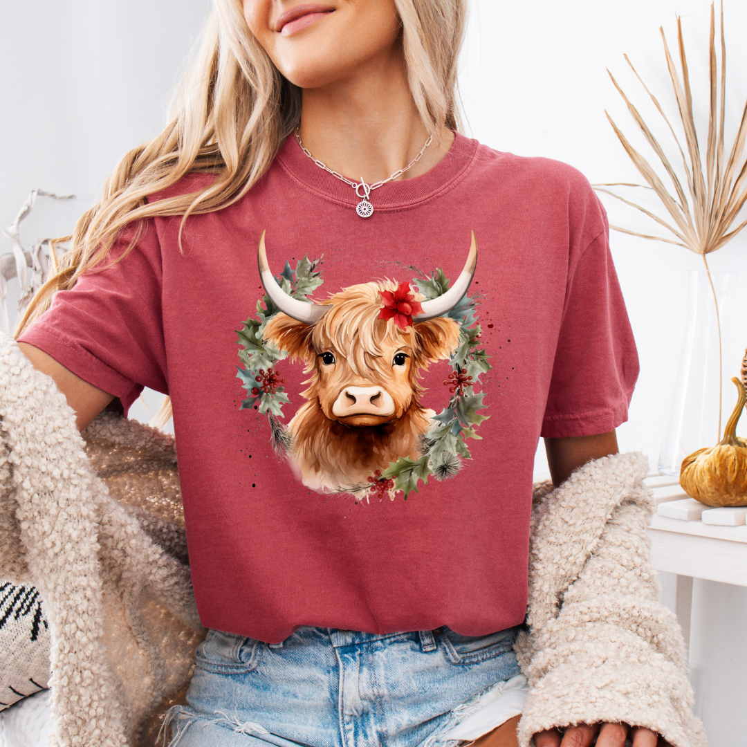 Christmas Cow Wreath Comfort Colors Short or Long Sleeve Tees