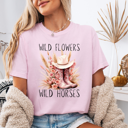 Wildflowers Wild Horses Pink Boot Adult Short Sleeve Tee