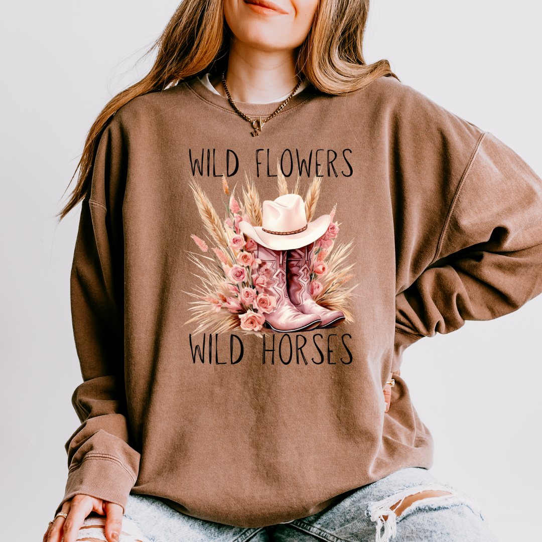 Wild Flowers Wild Horses Pink Boot Adult Long Sleeve Tee