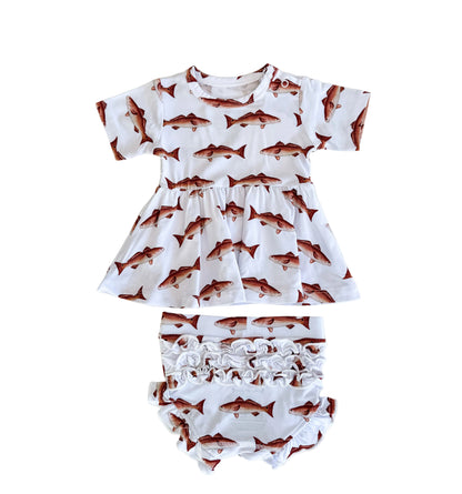 Children's peplum and bloomers set with redfish pattern on a white background
