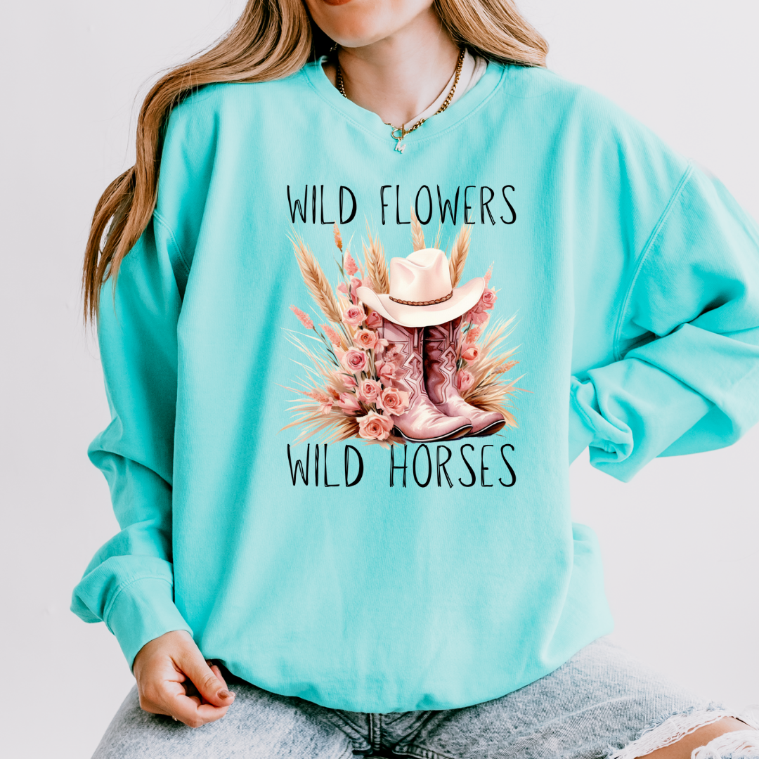 Wild Flowers Wild Horses Pink Boot Adult Long Sleeve Tee