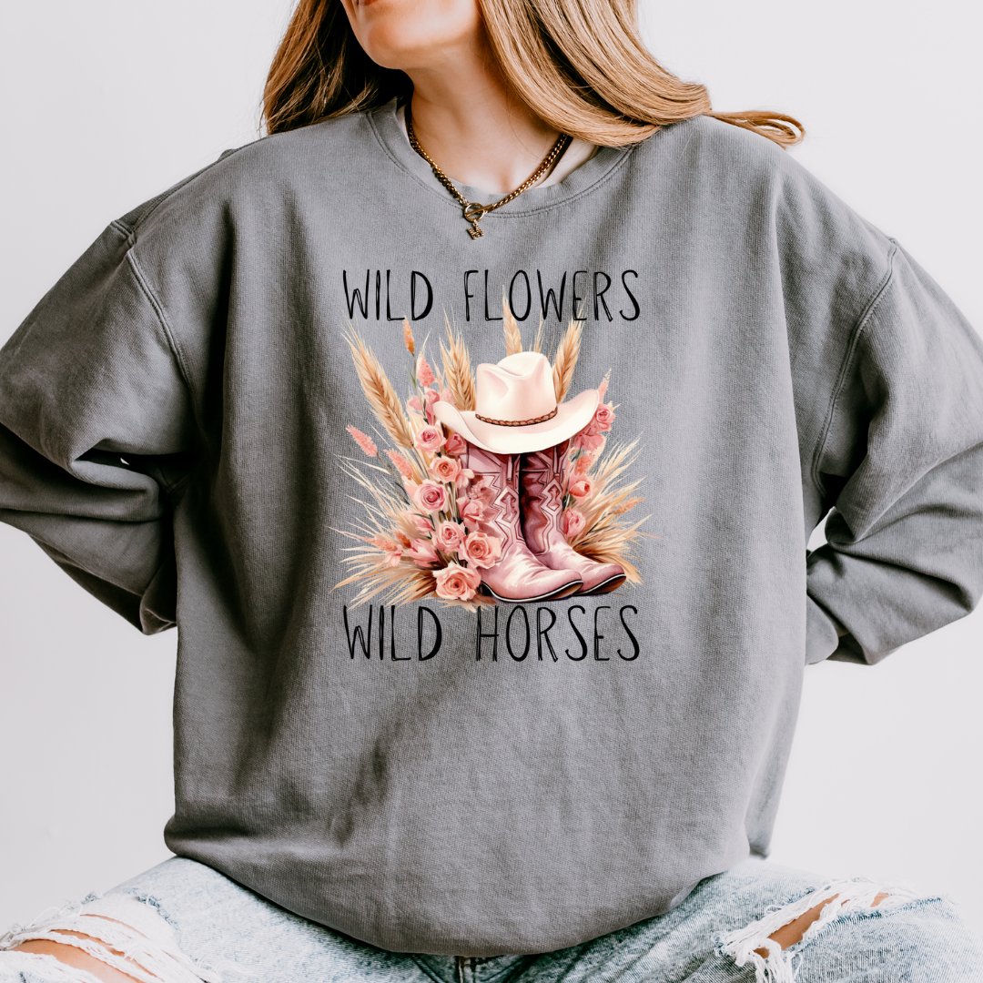 Wild Flowers Wild Horses Pink Boot Adult Long Sleeve Tee