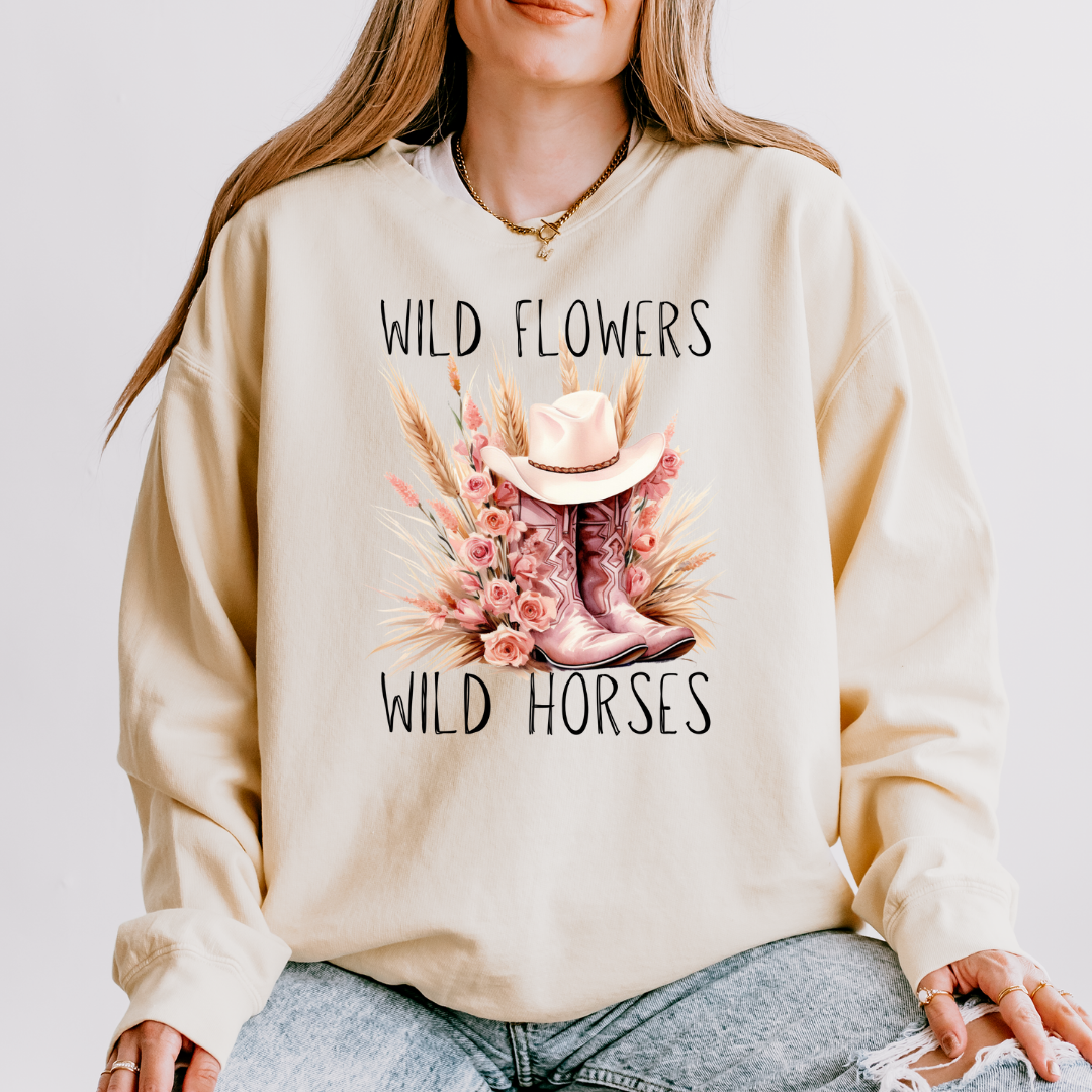 Wild Flowers Wild Horses Pink Boot Adult Long Sleeve Tee