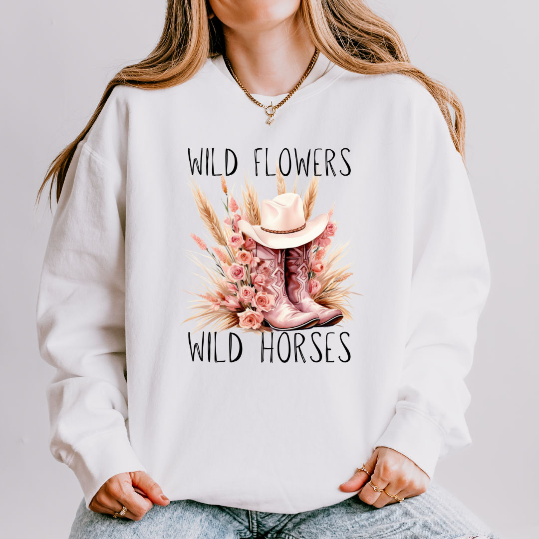 Wild Flowers Wild Horses Pink Boot Adult Long Sleeve Tee