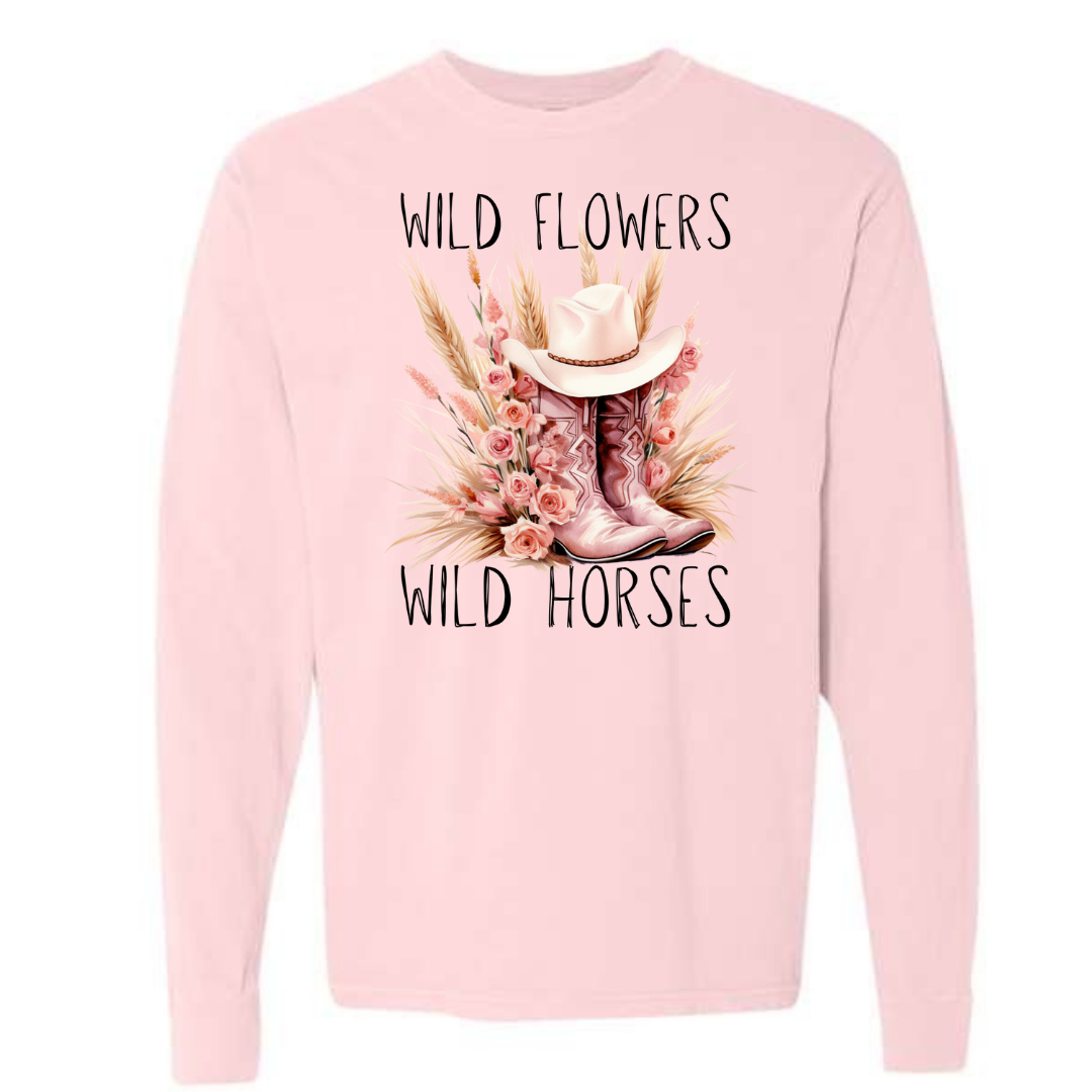 Wild Flowers Wild Horses Pink Boot Adult Long Sleeve Tee