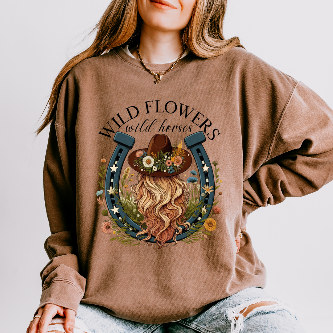 Wild Flowers Wild Horses Horseshoe Adult Long Sleeve Tee