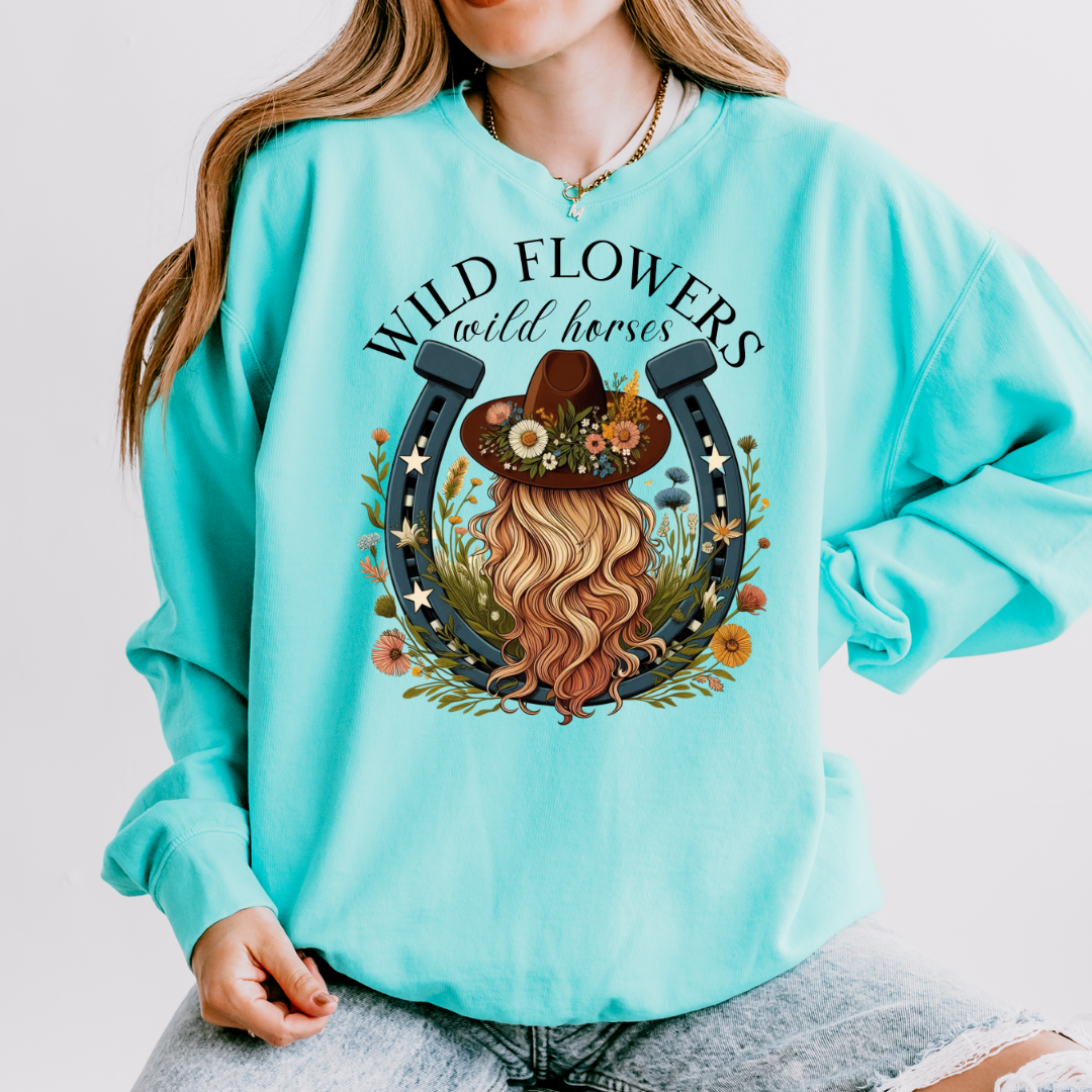 Wild Flowers Wild Horses Horseshoe Adult Long Sleeve Tee