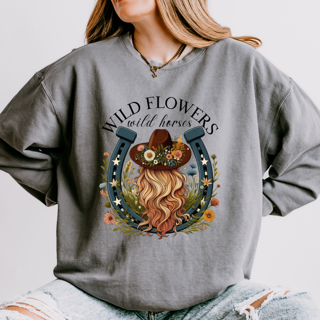 Wild Flowers Wild Horses Horseshoe Adult Long Sleeve Tee