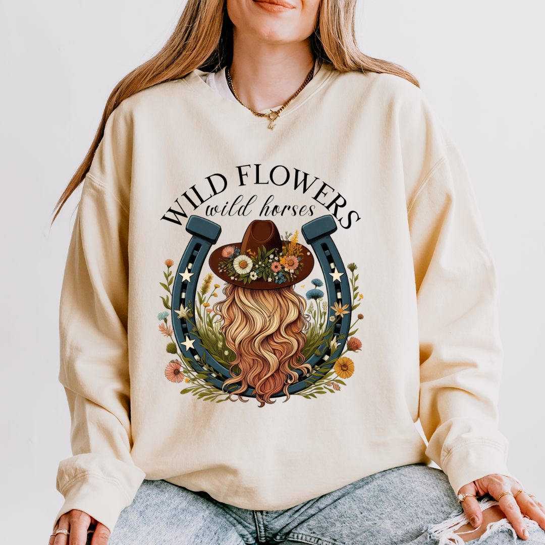 Wild Flowers Wild Horses Horseshoe Adult Long Sleeve Tee