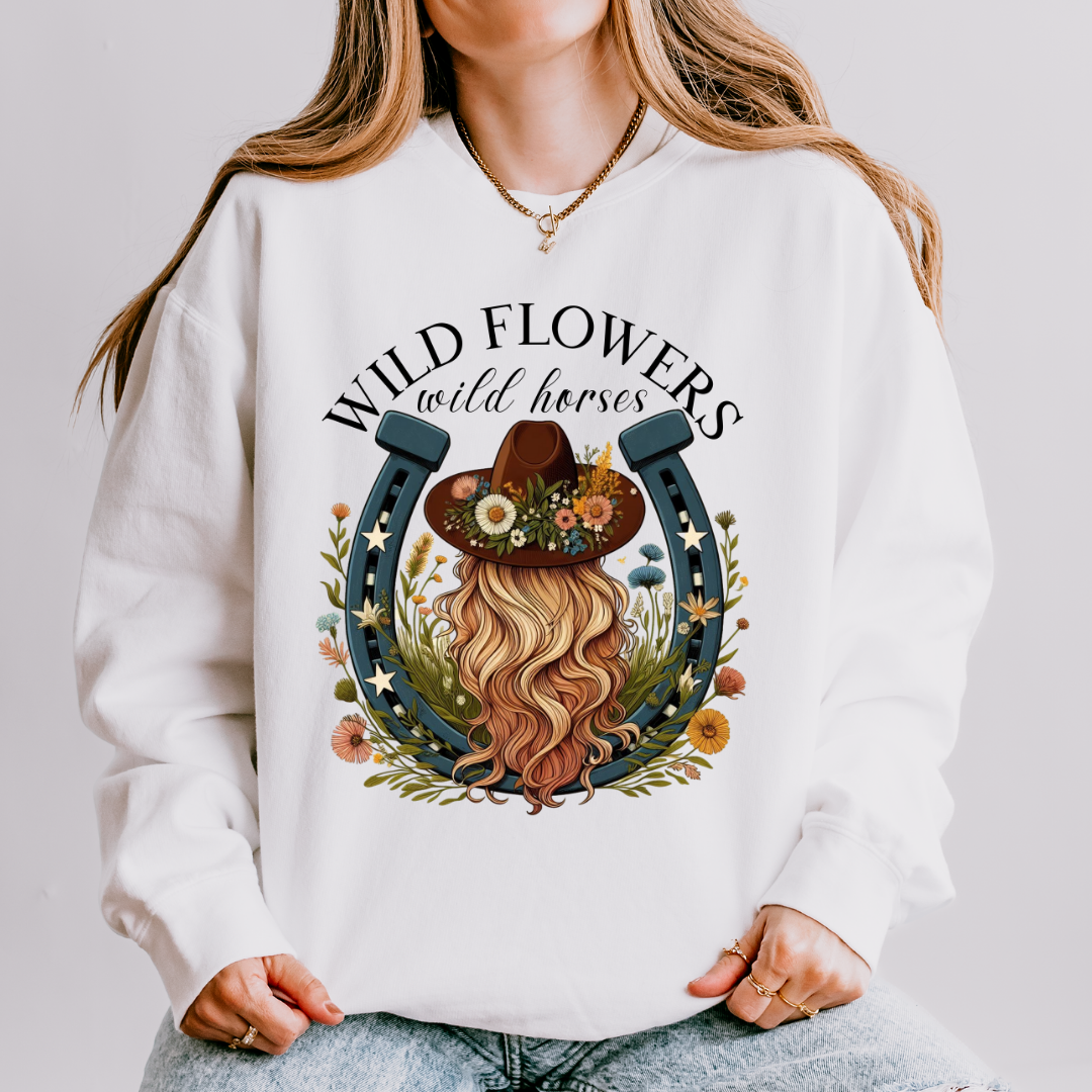 Wild Flowers Wild Horses Horseshoe Adult Long Sleeve Tee