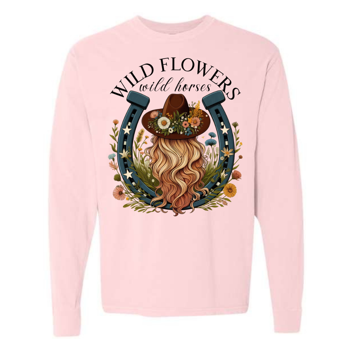 Wild Flowers Wild Horses Horseshoe Adult Long Sleeve Tee