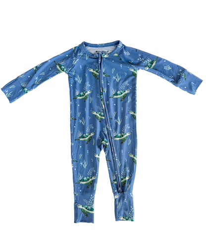 Blue children's zippy pajama with sea turtles on white background