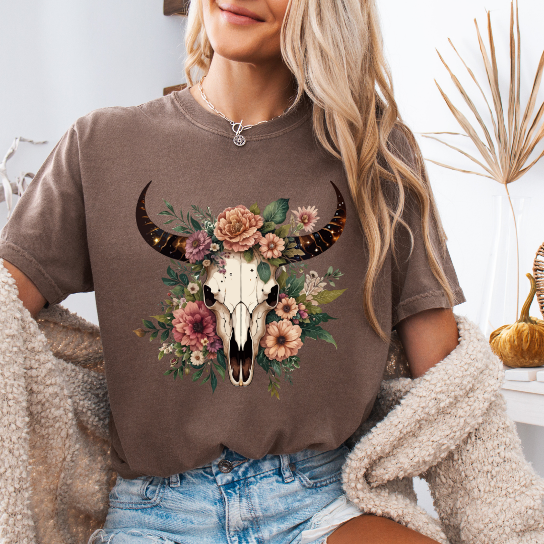 Boho Floral Skull Adult Short Sleeve Tee