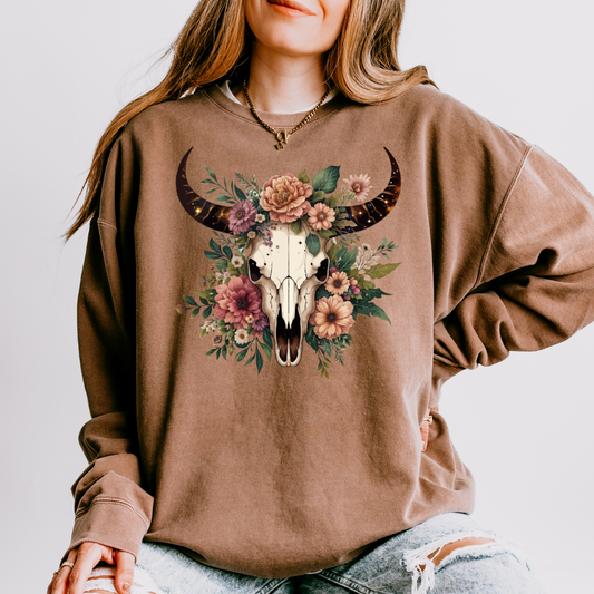 Boho Floral Skull Adult Long Sleeve Tee