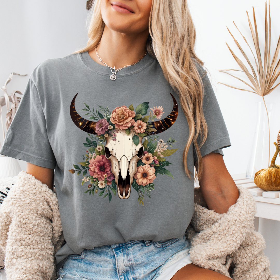 Boho Floral Skull Adult Short Sleeve Tee