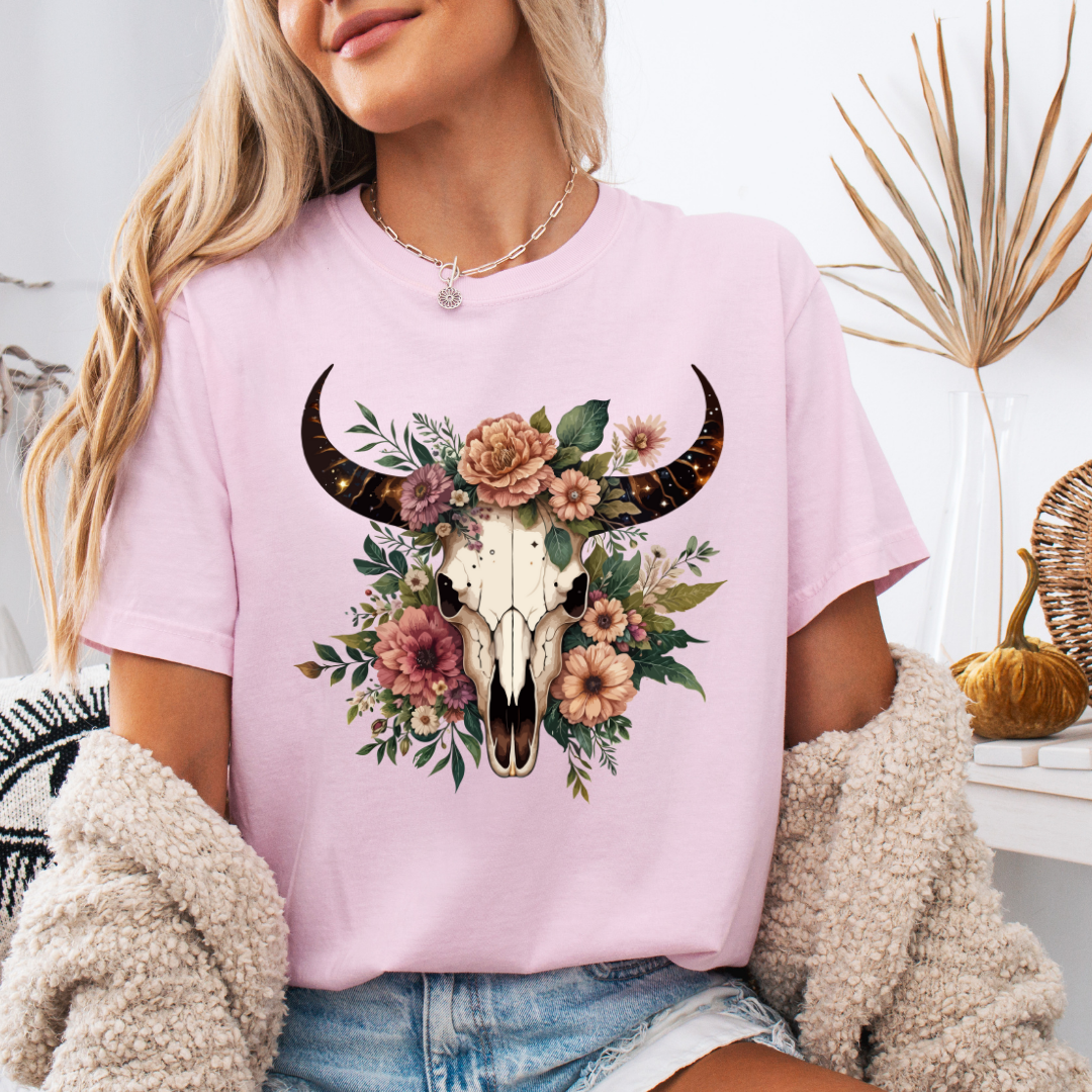 Boho Floral Skull Adult Short Sleeve Tee