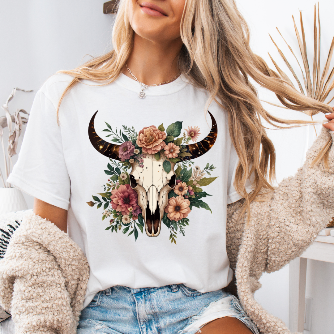 Boho Floral Skull Adult Short Sleeve Tee