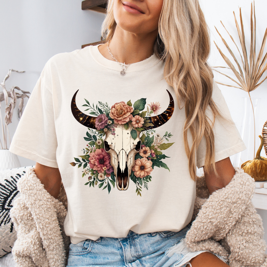 Boho Floral Skull Adult Short Sleeve Tee