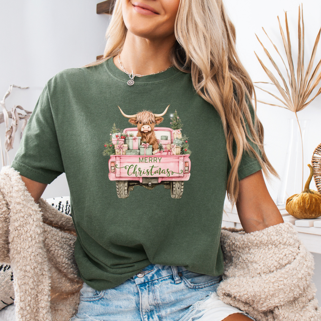 Highland Cow Christmas Truck Comfort Colors Short or Long Sleeve Tees