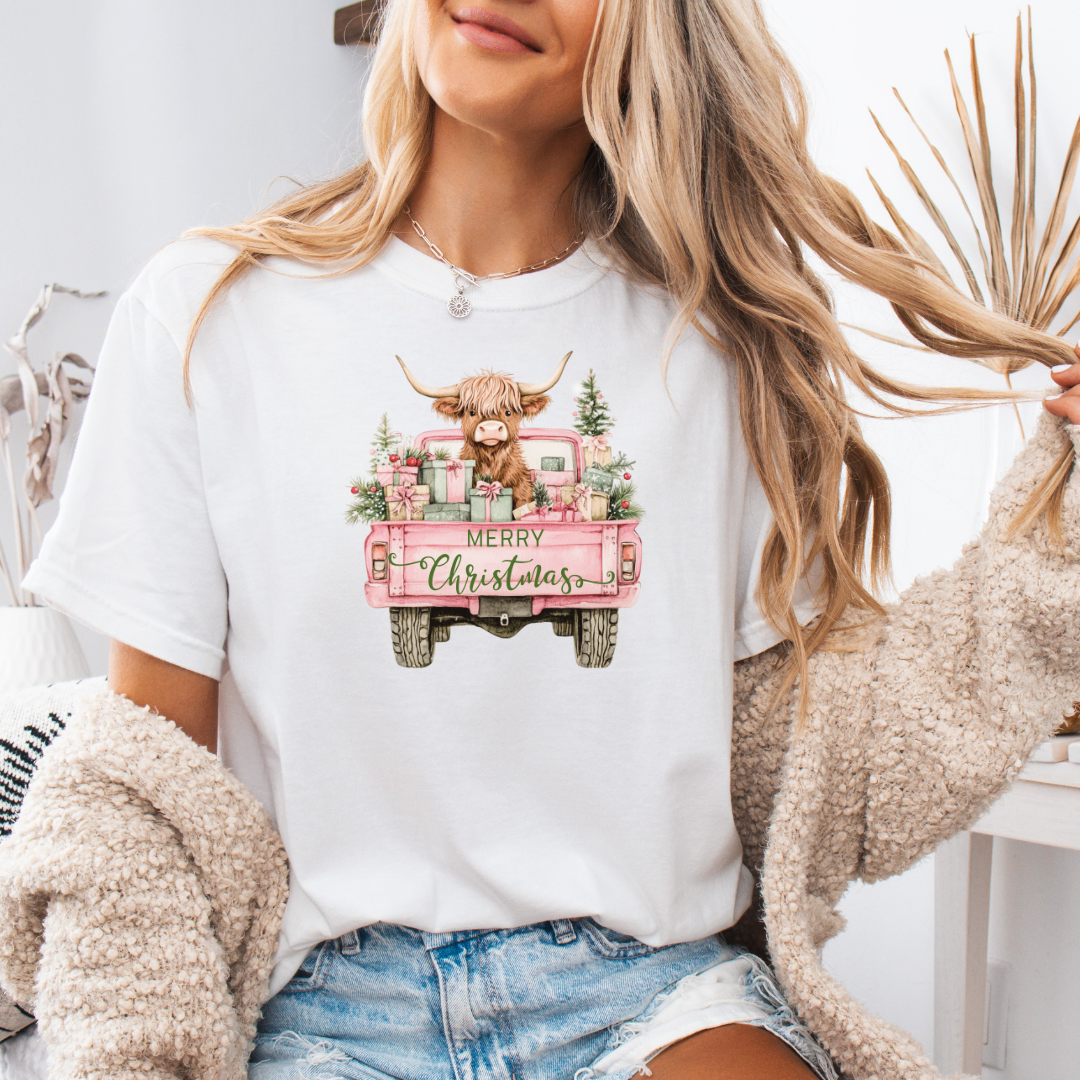 Highland Cow Christmas Truck Comfort Colors Short or Long Sleeve Tees