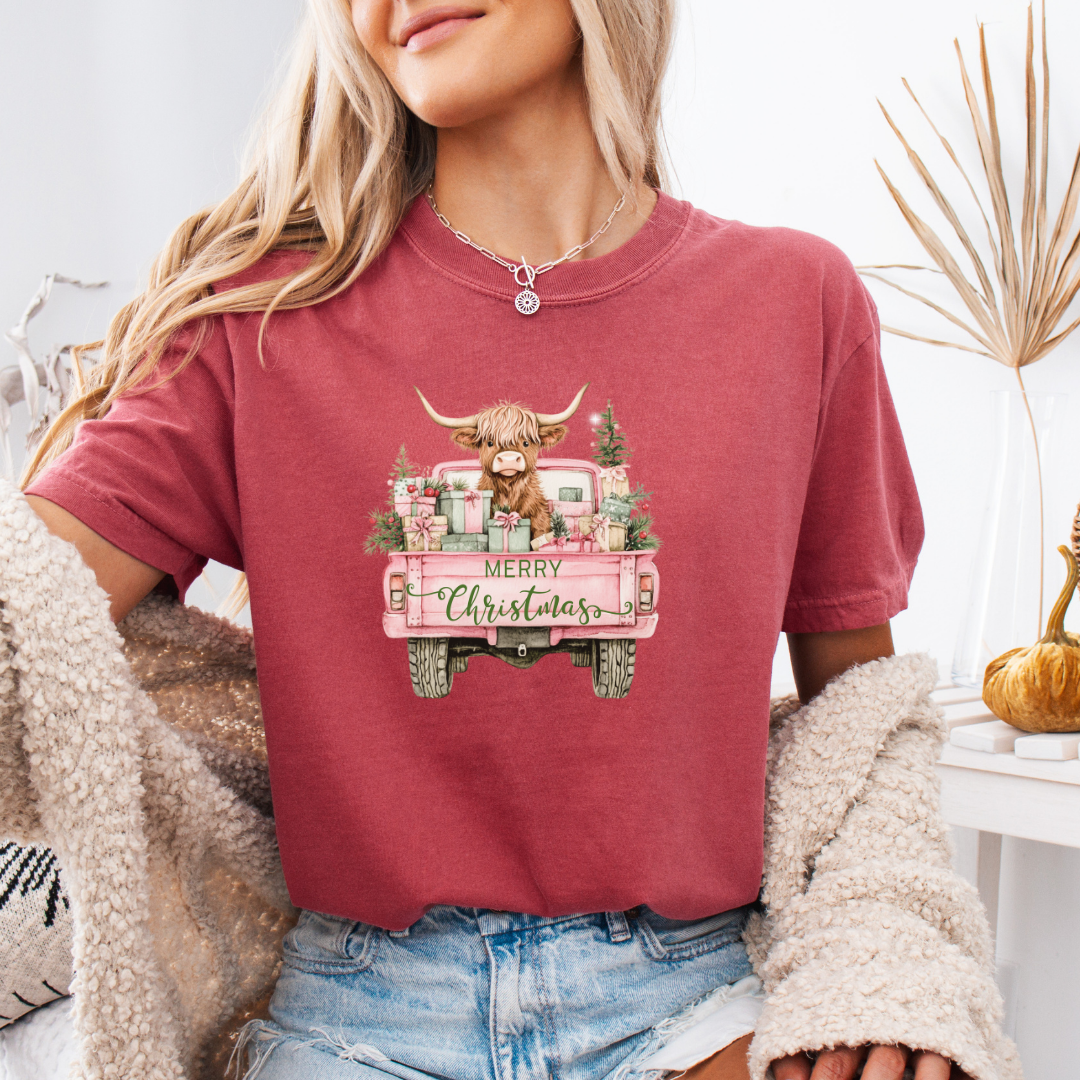 Highland Cow Christmas Truck Comfort Colors Short or Long Sleeve Tees