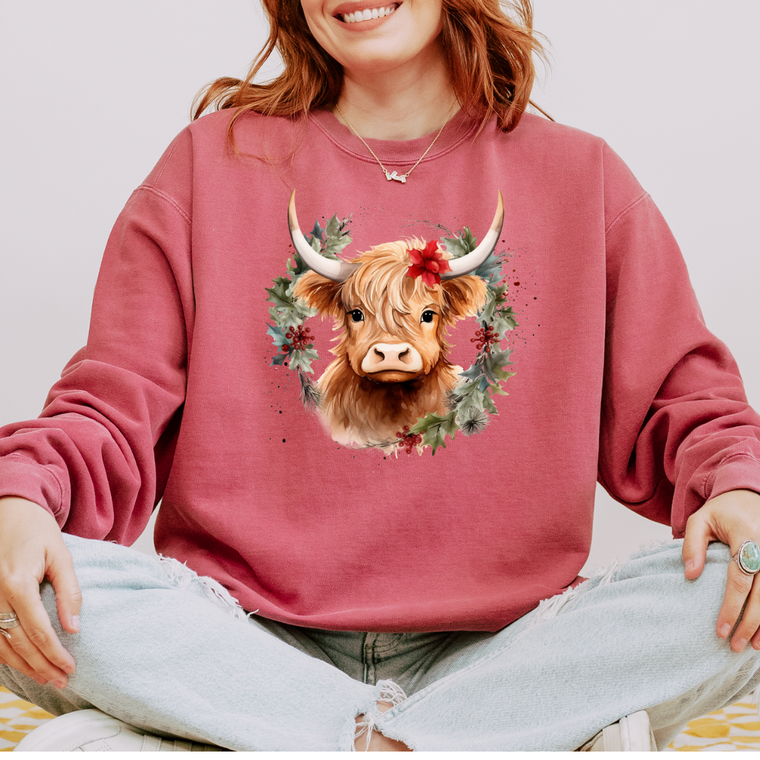 Christmas Cow Wreath Comfort Colors Crewneck Sweatshirt