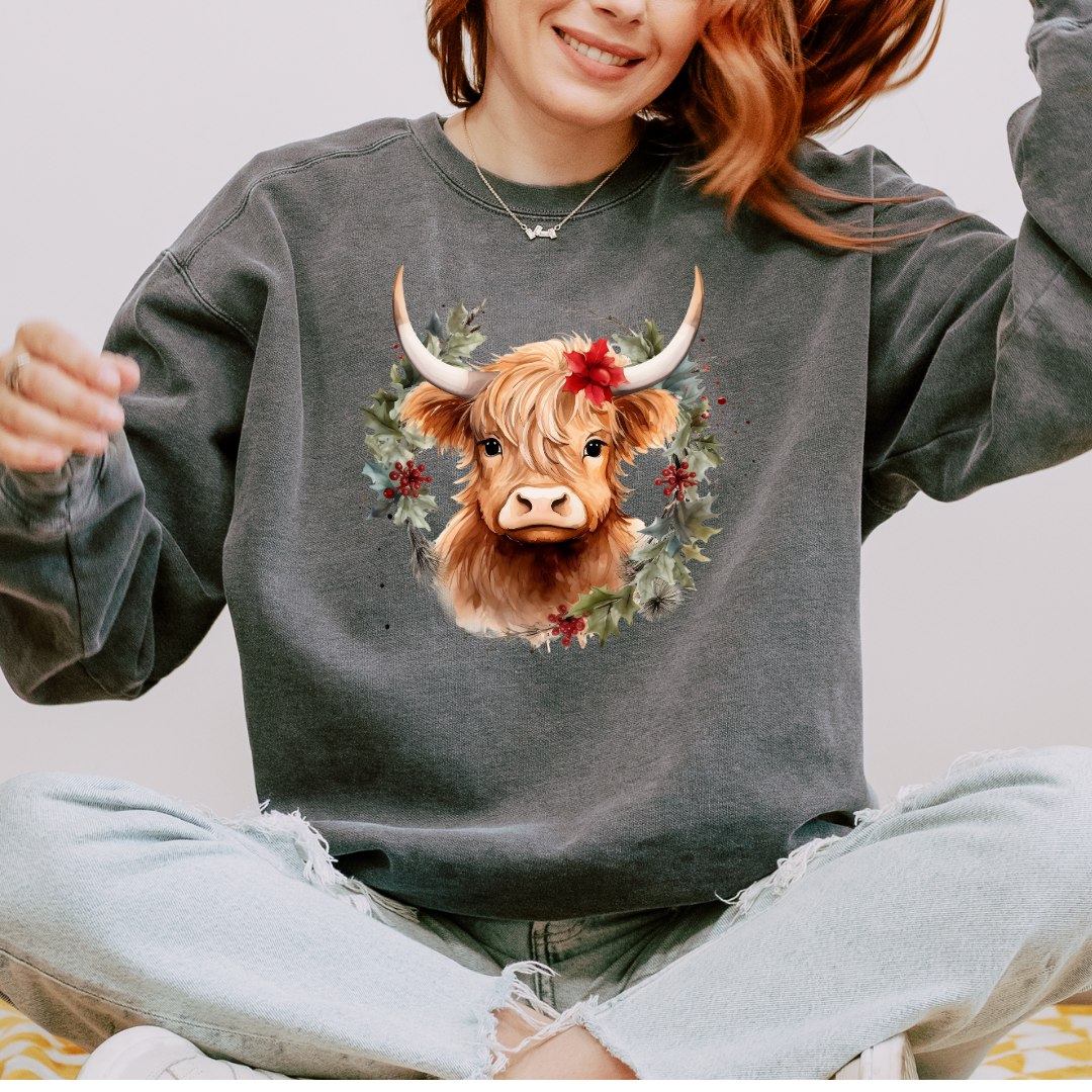 Christmas Cow Wreath Comfort Colors Crewneck Sweatshirt