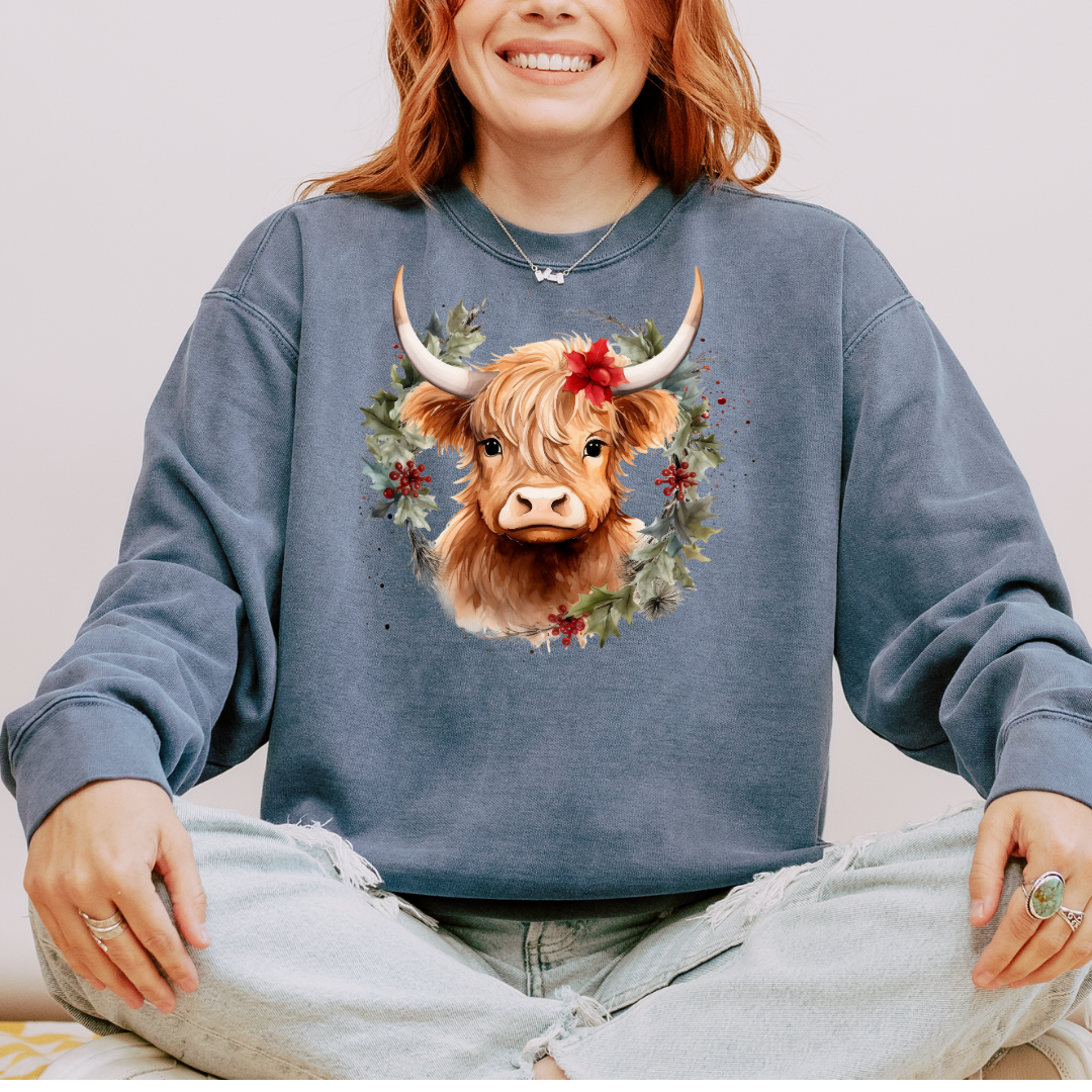 Christmas Cow Wreath Comfort Colors Crewneck Sweatshirt