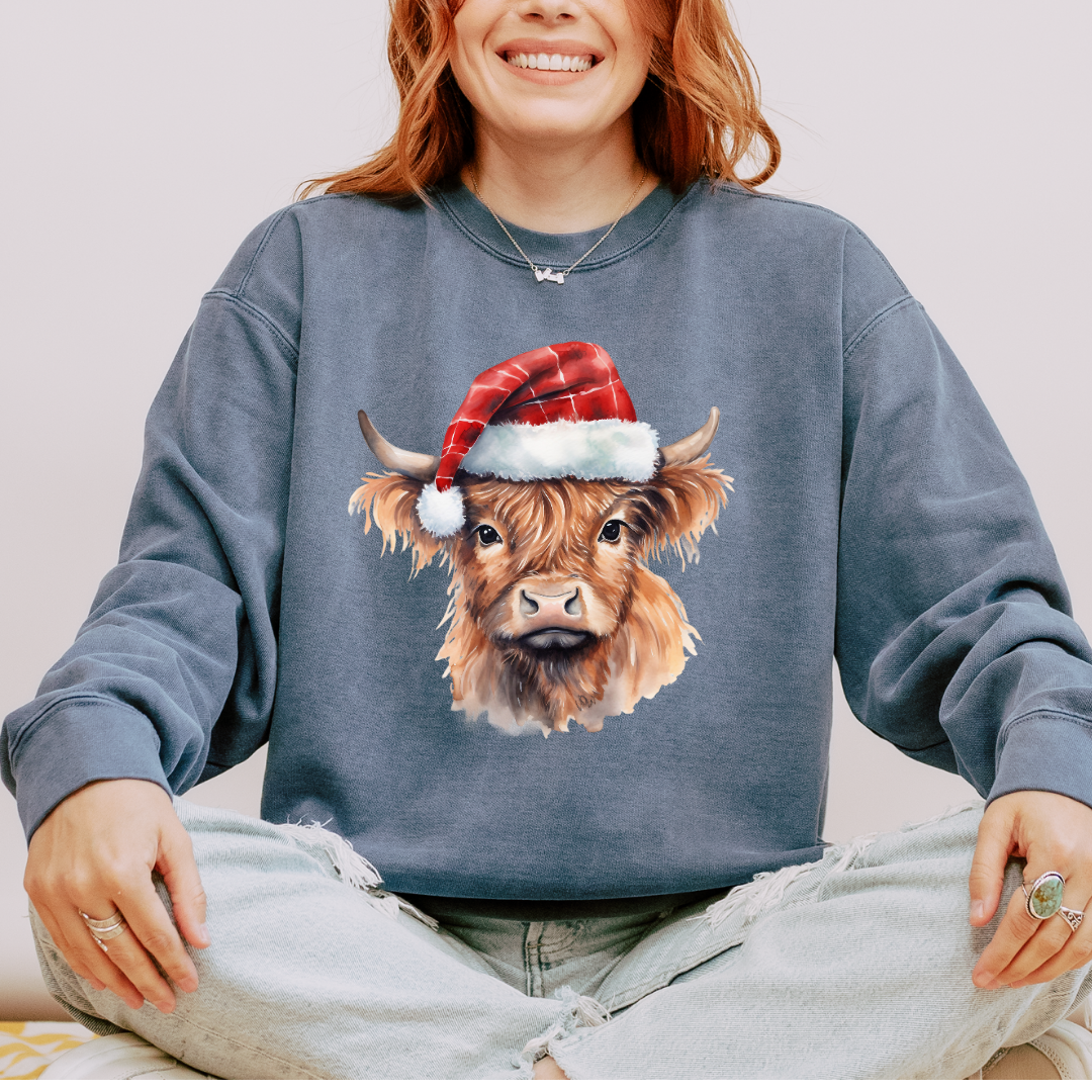 Christmas Cow Hat Comfort Colors Crewneck Sweatshirt