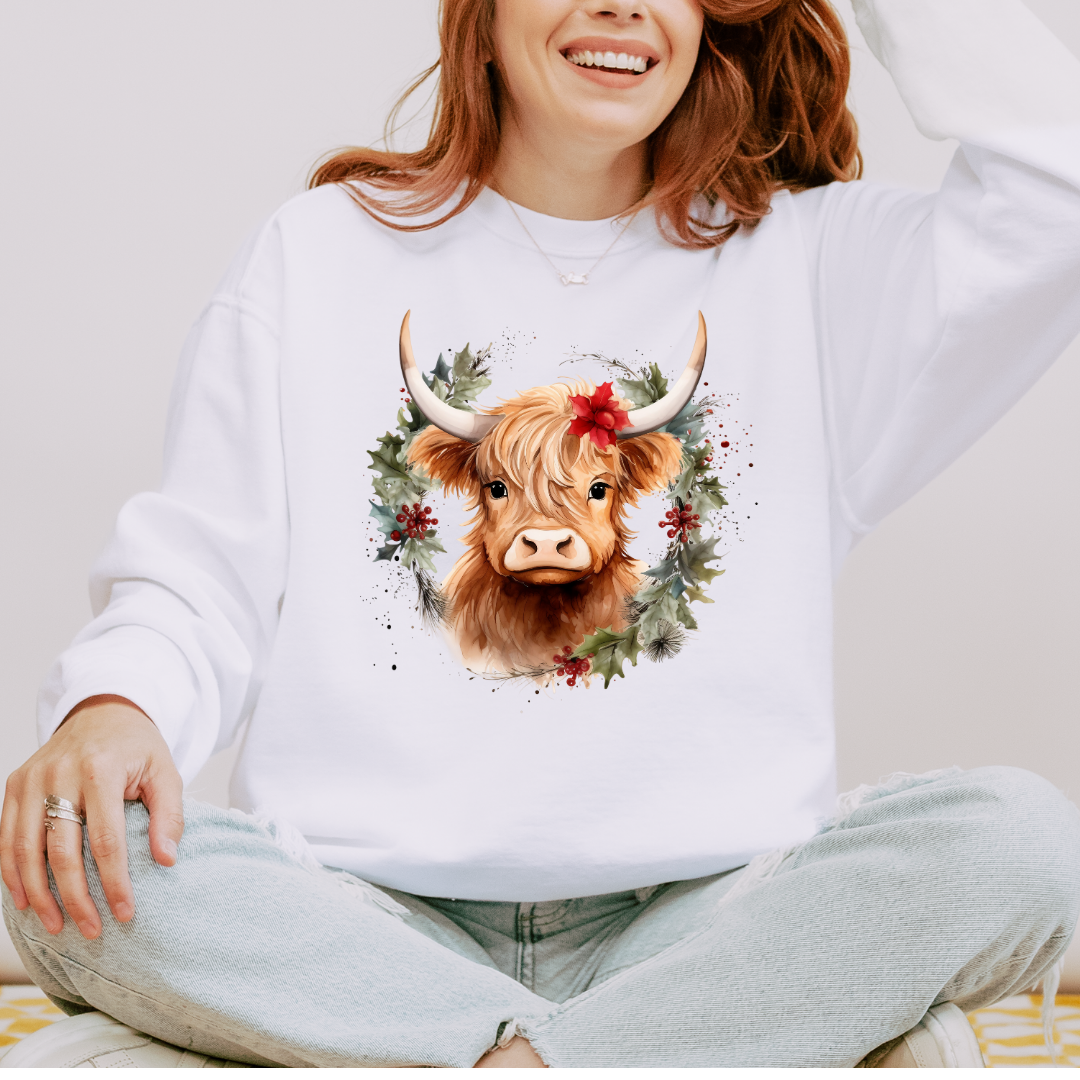 Christmas Cow Wreath Comfort Colors Crewneck Sweatshirt