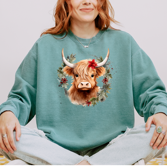 Christmas Cow Wreath Comfort Colors Crewneck Sweatshirt