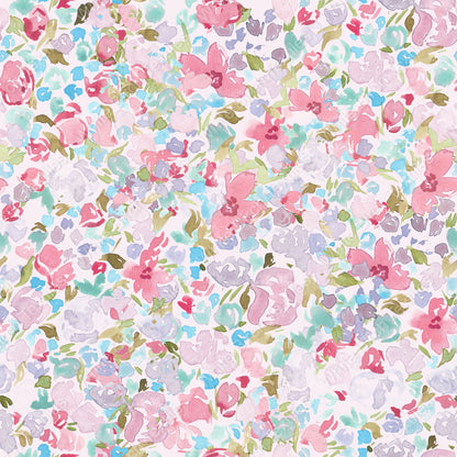 Floral pattern with pink, purple, and blue flowers on a white background