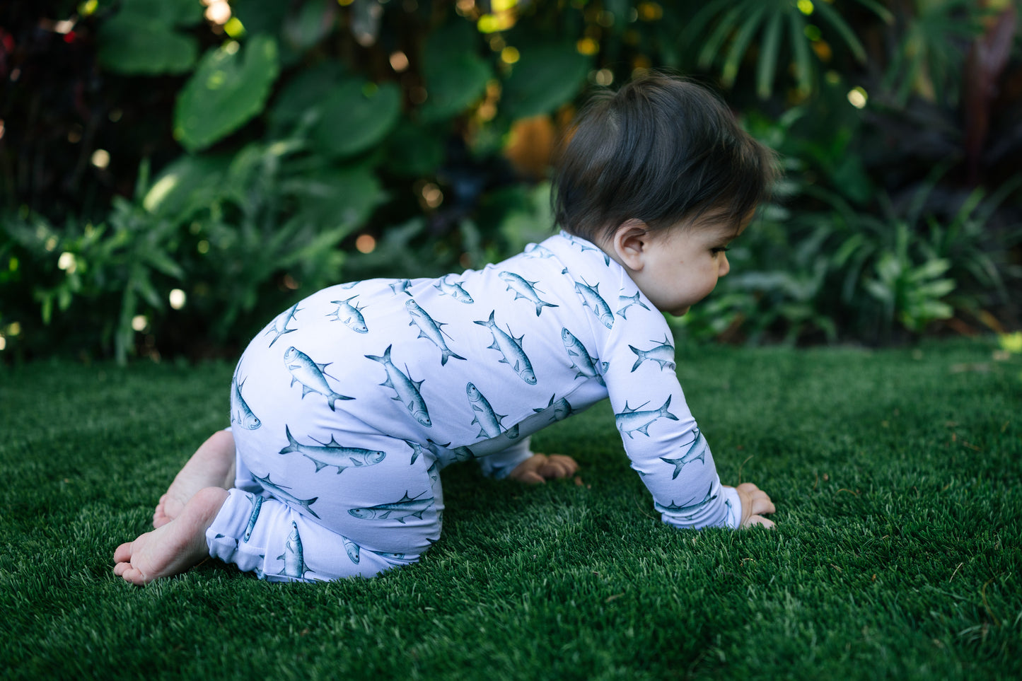 Baby crawling on turff in a tarpon zippy