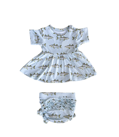 Baby peplum and ruffle bloomers with snook pattern on a light background