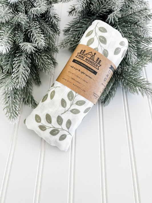 Leaves (Sage Green) 100% Cotton Muslin Swaddle Blanket