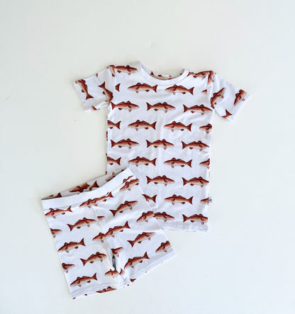 White short sleeve pajamas with a red fish