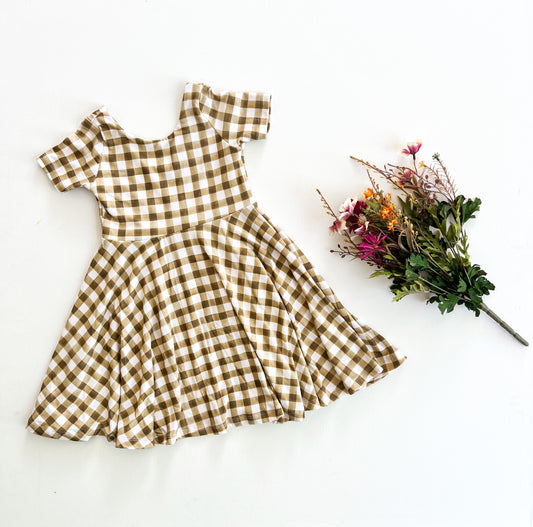 4T, 5 (XS), and 6 (SM) Mustard Gingham Sweetheart Dress