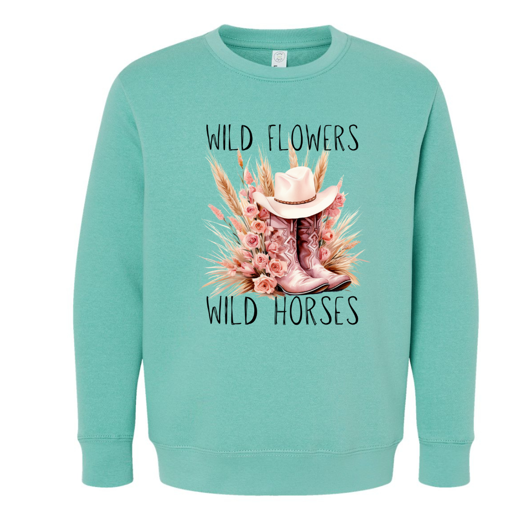 Wildflowers Wild Horses Pink Boot Crewneck Sweatshirt (Toddler & Youth Sizes)