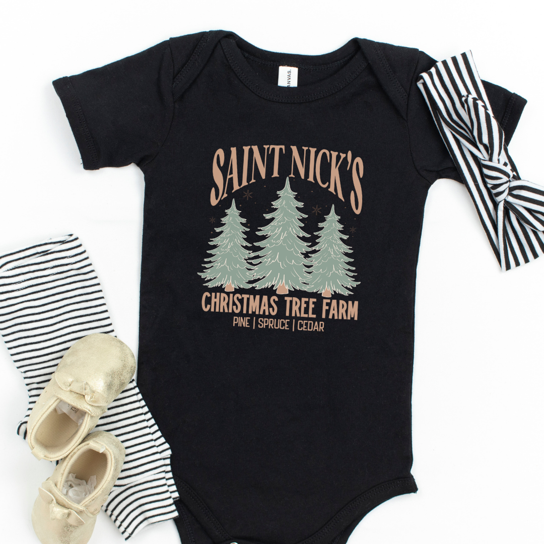 Saint Nick's Christmas Tree Farm Short Sleeve Infant Bodysuit