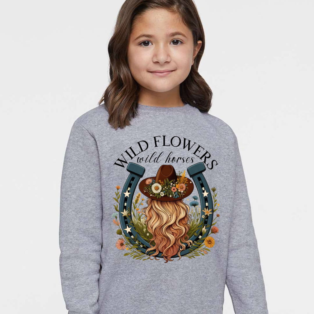 Wildflowers Wild Horses Horseshoe Crewneck Sweatshirt (Toddler & Youth Sizes)