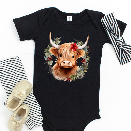 Christmas Cow Wreath Short Sleeve Infant Bodysuit