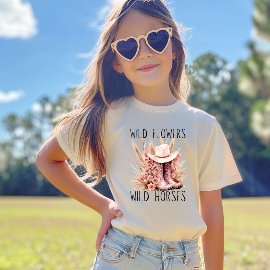 Wildflowers Wild Horses Pink Boot short/ Long Sleeve Tees (Toddler/ Youth Sizes)