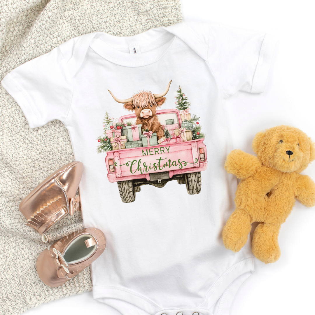 Highland Cow Christmas Truck Short Sleeve Infant Bodysuit