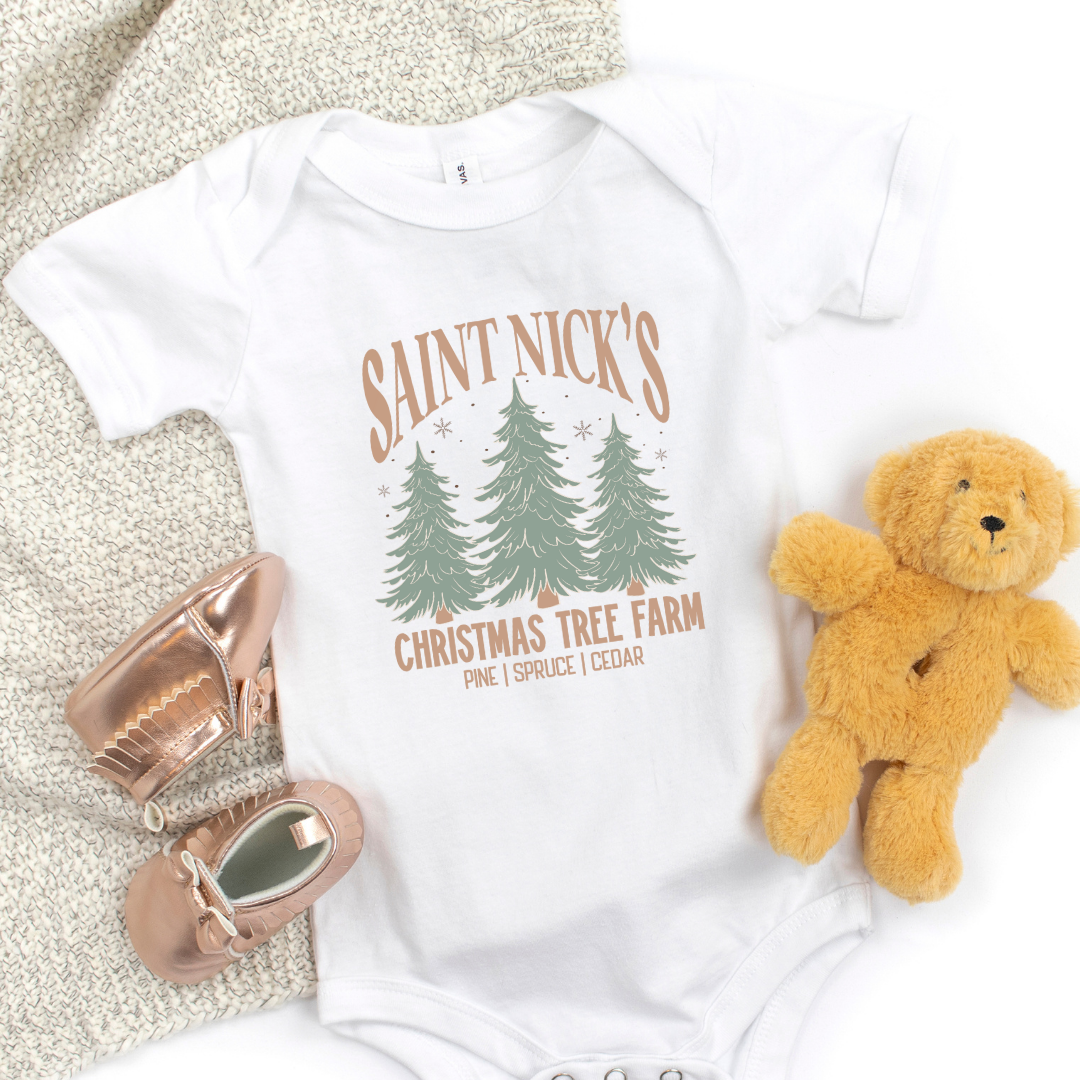 Saint Nick's Christmas Tree Farm Short Sleeve Infant Bodysuit