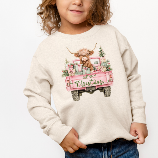 Highland Cow Christmas Truck (Toddler & Youth Sizes) Crewneck Sweatshirts